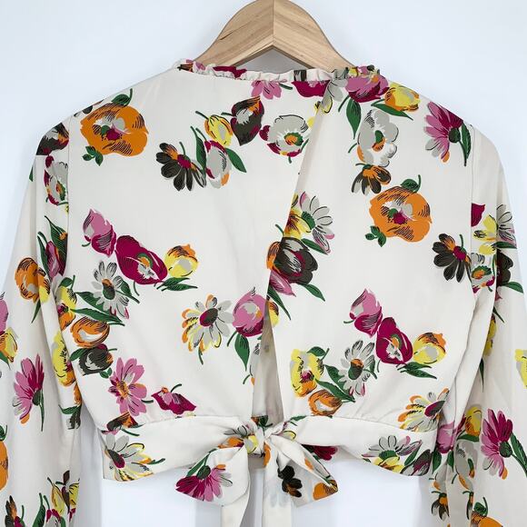 ZARA Floral Balloon Sleeve Blouse Faux Wrap Ruffle Trim Cropped Top - Picture 8 of 12